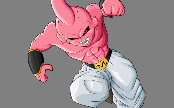 Majin Buu, a character from Dragon Ball Z, is depicted charging forward with an intense expression. This vibrant 4K Ultra HD wallpaper showcases his unique design and dynamic pose.
