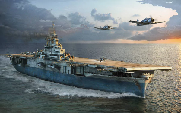 HD PC desktop wallpaper featuring a World of Warships aircraft carrier sailing at sea with two planes flying overhead during a dramatic sunset.