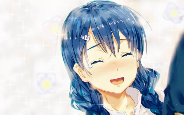A cheerful desktop wallpaper of Megumi Tadokoro from Food Wars: Shokugeki no Soma, featuring her blue hair and smiling, blushing face against a light, flower-patterned background.