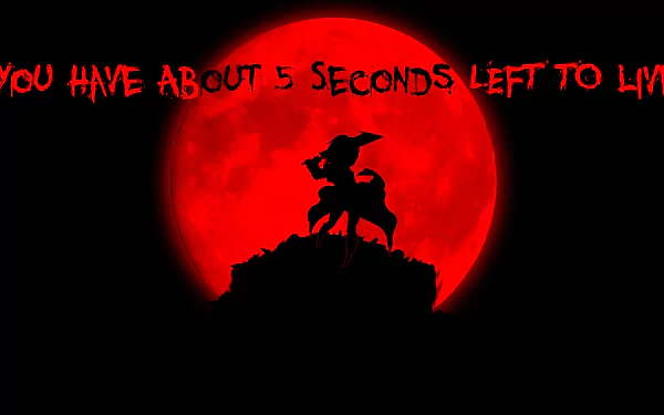 Rena Ryūgū silhouette against a glowing red moon with eerie text, an intense 4K Ultra HD anime wallpaper from Higurashi When They Cry.