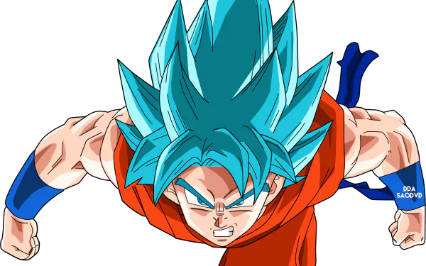 HD desktop wallpaper featuring Goku from Dragon Ball Super and Dragon Ball Z: Resurrection of F, depicted in dynamic action with his signature blue hair and battle-ready pose.