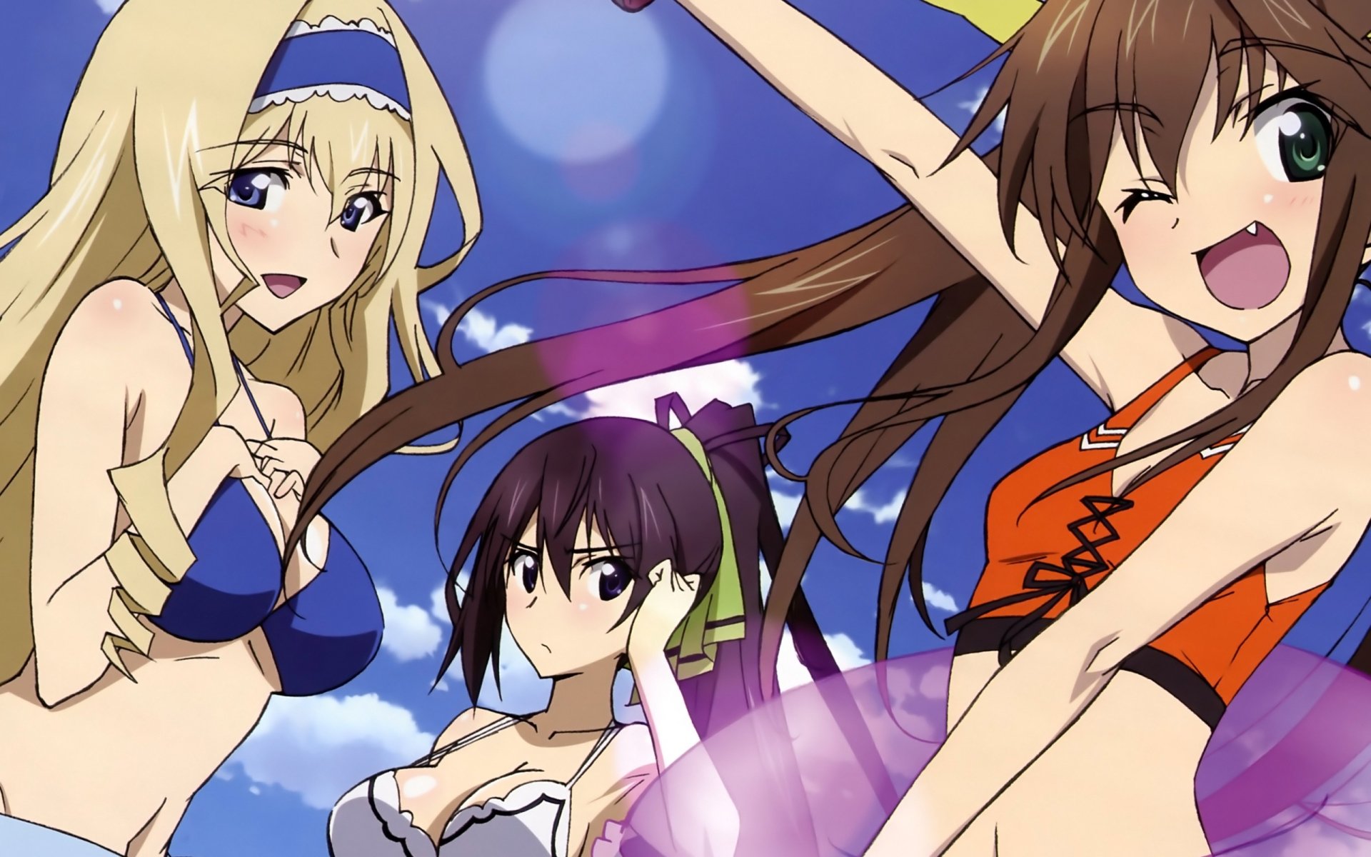 HD PC desktop wallpaper featuring three vibrant female characters from the anime Infinite Stratos against a bright, colorful sky background.