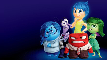 HD wallpaper featuring characters from the movie Inside Out: Sadness, Joy, Disgust, Anger, and Fear, set against a vibrant purple background.