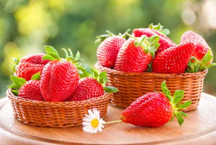 Two wicker baskets filled with fresh strawberries and a single strawberry resting on a wooden surface, captured in vibrant 4K Ultra HD detail.