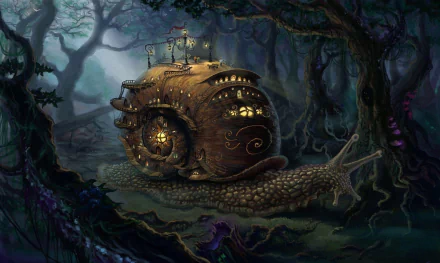 A dark fantasy forest scene with a giant snail housing a glowing, intricately detailed house on its shell, blending animal and fantasy elements in an HD desktop wallpaper.