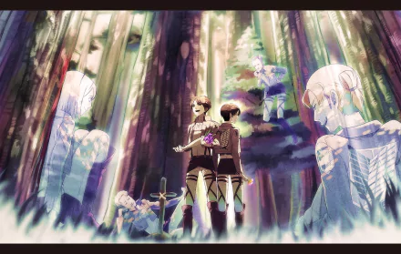 A vibrant HD wallpaper featuring characters from Attack on Titan, including Eren Yeager, Levi Ackerman, and Petra Ral, set against a mystical forest backdrop.