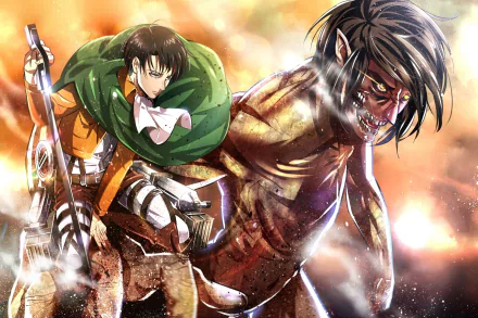 HD desktop wallpaper featuring Eren Yeager in his Titan form and Levi Ackerman from the anime Attack on Titan. Their intense expressions and vibrant colors convey the epic nature of the series.