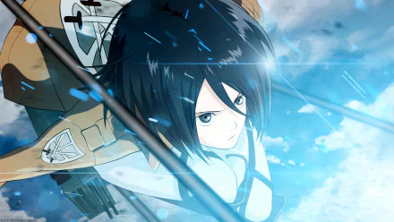 HD desktop wallpaper featuring Mikasa Ackerman from the anime Attack on Titan, depicted in an intense action scene with vibrant blue tones and dynamic movement.