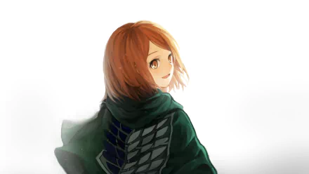 HD desktop wallpaper featuring Petra Ral from the anime Attack on Titan, showcasing her in a green cloak with scouting legion emblem, looking back with a serene expression.