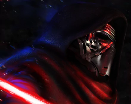 HD desktop wallpaper featuring Kylo Ren from Star Wars: Episode VII - The Force Awakens, showcasing his menacing mask and dark hood with vibrant red and blue lighting effects.