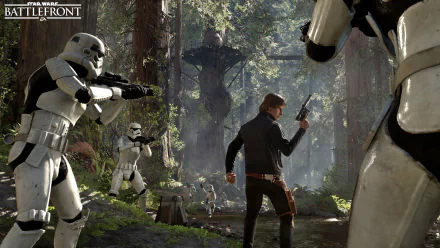 HD PC desktop wallpaper from Star Wars Battlefront (2015) showing Han Solo aiming his blaster amidst stormtroopers in a forest battle scene.