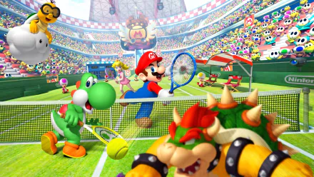 HD PC desktop wallpaper featuring Mario Power Tennis characters Mario, Yoshi, Bowser, and Lakitu in a vibrant stadium tennis match.