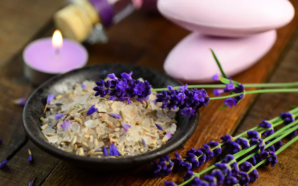 still life lavender salt flower candle man made spa HD Desktop Wallpaper | Background Image