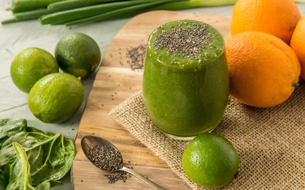A vibrant green smoothie topped with chia seeds sits on a wooden board surrounded by fresh oranges, limes, spinach, and scattered chia seeds in this 4K Ultra HD desktop wallpaper.