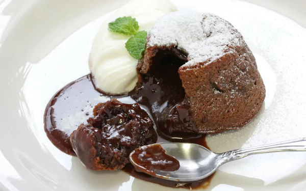 A decadent chocolate lava cake, dusted with powdered sugar, served with a dollop of whipped cream and mint leaves, creating an enticing dessert scene. HD desktop wallpaper.
