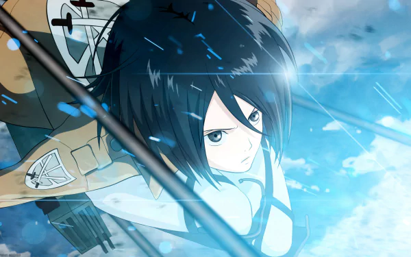 HD desktop wallpaper featuring Mikasa Ackerman from the anime Attack on Titan, depicted in an intense action scene with vibrant blue tones and dynamic movement.