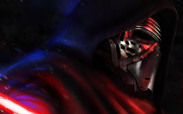 HD desktop wallpaper featuring Kylo Ren from Star Wars: Episode VII - The Force Awakens, showcasing his menacing mask and dark hood with vibrant red and blue lighting effects.