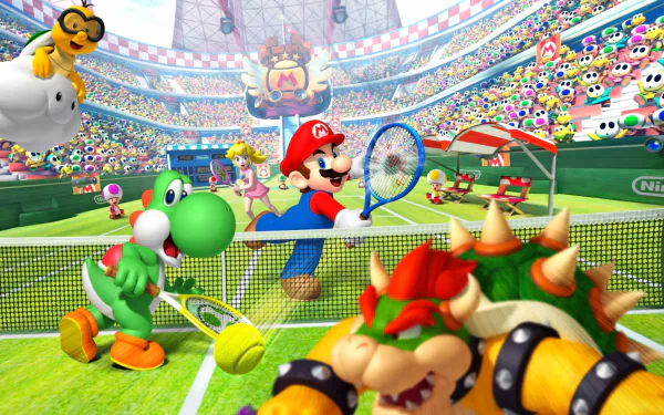HD PC desktop wallpaper featuring Mario Power Tennis characters Mario, Yoshi, Bowser, and Lakitu in a vibrant stadium tennis match.