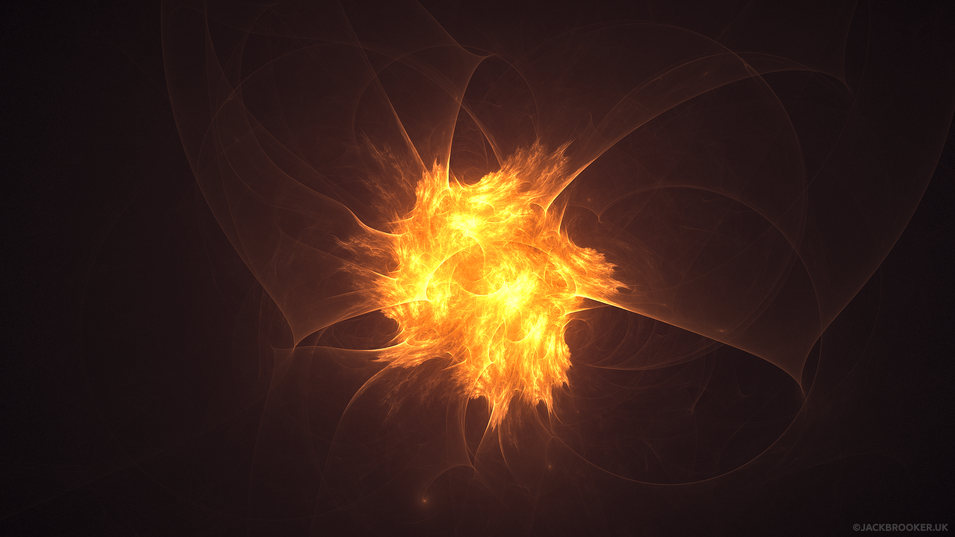 Abstract artistic HD PC desktop wallpaper: a glowing fiery golden fractal bloom at center against a dark, smoky backdrop.