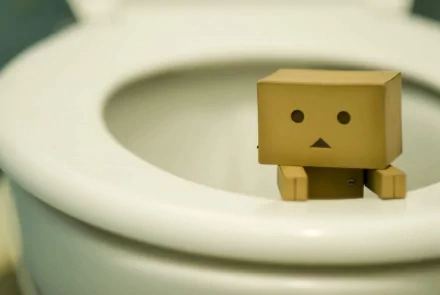 A playful Danbo figure sits on the edge of a toilet, adding a whimsical touch to this 4K Ultra HD PC desktop wallpaper and background.
