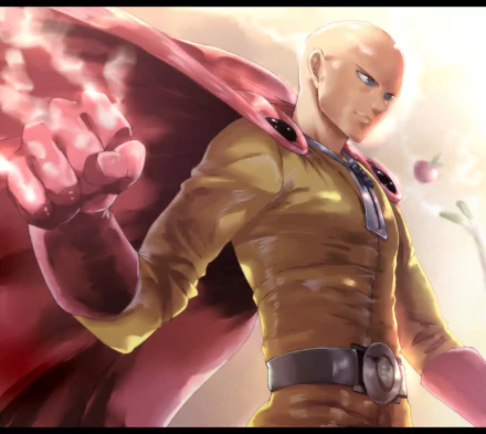 HD desktop wallpaper featuring Saitama from the anime One-Punch Man, showcasing his iconic yellow suit and red cape in a dynamic pose.