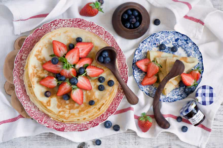 HD desktop wallpaper featuring a delicious crêpe topped with fresh strawberries and blueberries, accompanied by plates and a jar of jam on a white cloth background.