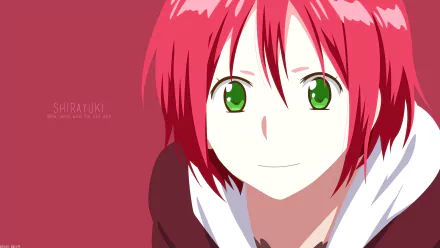 An HD wallpaper featuring Shirayuki from Snow White With The Red Hair, showcasing her vibrant red hair and bright green eyes against a soft red background.
