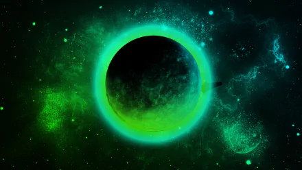 Sci-fi space scene featuring a glowing green planet surrounded by stars and cosmic dust, rendered in stunning 4K Ultra HD for PC desktop wallpaper.