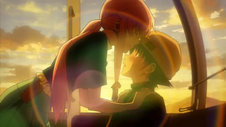 Yukiteru Amano and Yuno Gasai share a tender moment against a sunset backdrop in this HD anime wallpaper from Mirai Nikki. A striking scene that captures their complex relationship.