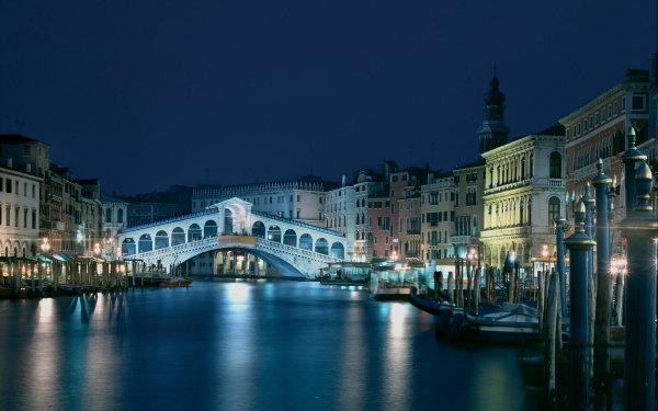 Man Made Venice Cities Italy Rialto Bridge River Bridge City Night Light Canal Gondola HD Wallpaper | Background Image