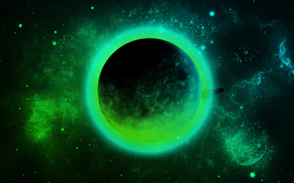 Sci-fi space scene featuring a glowing green planet surrounded by stars and cosmic dust, rendered in stunning 4K Ultra HD for PC desktop wallpaper.