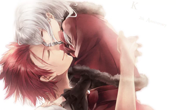 A vibrant anime wallpaper featuring Anna Kushina and Mikoto Suoh from K Project, showcasing a tender moment between the characters with dynamic colors and a soft background.