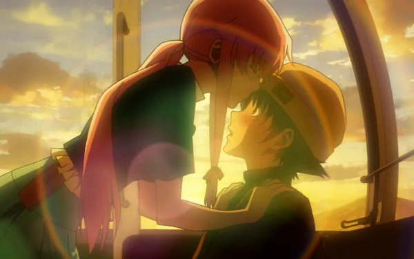Yukiteru Amano and Yuno Gasai share a tender moment against a sunset backdrop in this HD anime wallpaper from Mirai Nikki. A striking scene that captures their complex relationship.