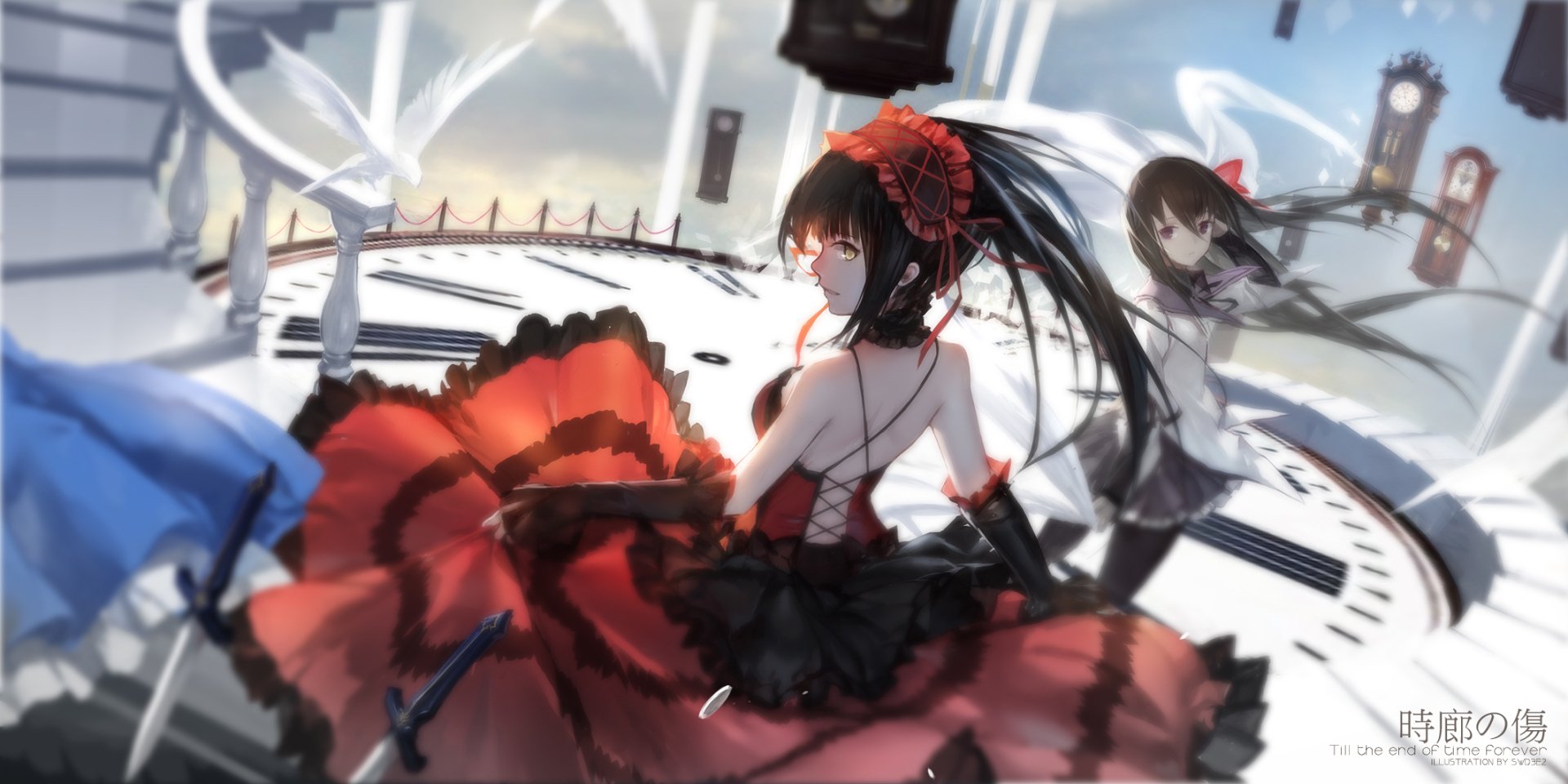 HD desktop wallpaper featuring a crossover of Kurumi Tokisaki from Date A Live and Homura Akemi from Puella Magi Madoka Magica. The dynamic and vibrant artwork blends styles from both anime series.
