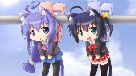 Two playful anime characters with cat ears hang off a railing against a blue sky, capturing the whimsical essence of *Chunibyo & Other Delusions* in this vibrant HD desktop wallpaper.