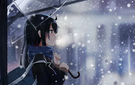 HD desktop wallpaper featuring Yukino Yukinoshita from My Teen Romantic Comedy SNAFU, standing under an umbrella in a serene snowfall.