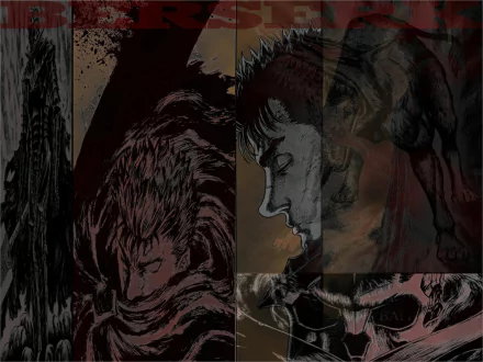 HD PC desktop wallpaper featuring Skull Knight and Guts from the anime Berserk in a dark, intense artistic style.