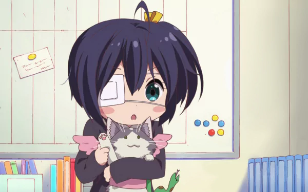 Rikka Takanashi from Love Chunibyo & Other Delusions holds a cat plush toy, surrounded by colorful books and a playful ambiance, capturing the essence of anime love and whimsy.