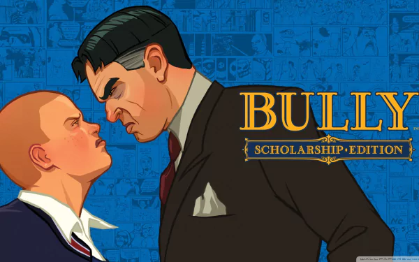 HD wallpaper featuring characters from the video game Bully: Scholarship Edition, highlighting a tense confrontation against a vibrant comic-style background.