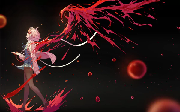 HD desktop wallpaper featuring Mirai Kuriyama from the anime Beyond the Boundary, with splashes of red energy and dramatic lighting on a dark background.