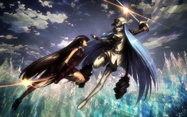 HD desktop wallpaper from the anime Akame ga Kill! featuring a dramatic battle scene between two characters against a vibrant, icy background.