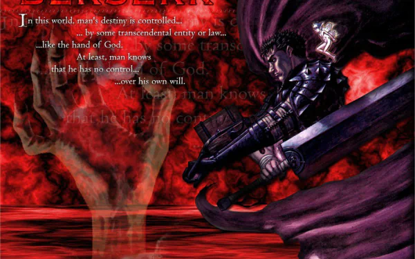 HD PC desktop wallpaper featuring Guts and Puck from the anime Berserk, with dramatic red and black tones and a bold, intense atmosphere.