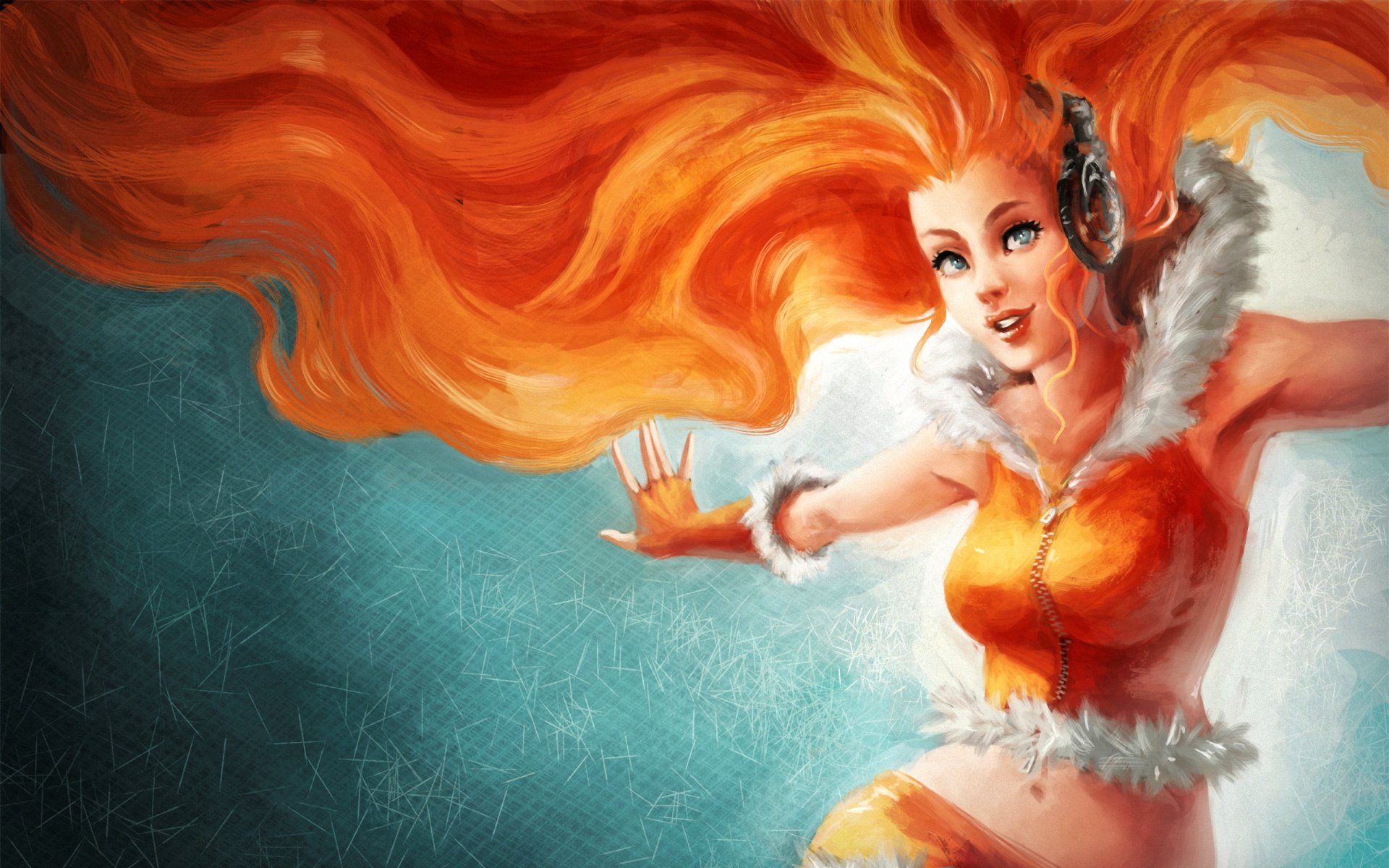 HD PC desktop wallpaper features a fantasy woman with vibrant flowing orange hair wearing headphones and a fur-trimmed outfit against a textured blue background.