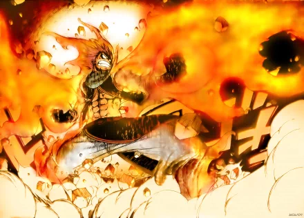 HD desktop wallpaper featuring Natsu Dragneel from the anime Fairy Tail, surrounded by intense flames and dynamic action.