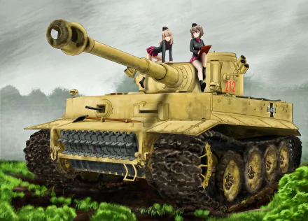 Two anime girls, Erika Itsumi and Maho Nishizumi, sit on a tank against a dramatic sky backdrop, showcasing their teamwork from Girls und Panzer in this HD wallpaper.