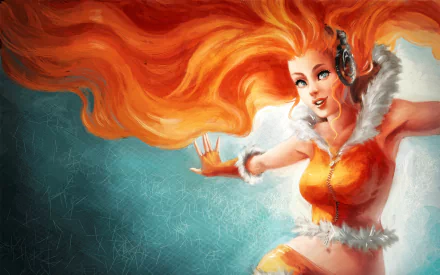 HD PC desktop wallpaper features a fantasy woman with vibrant flowing orange hair wearing headphones and a fur-trimmed outfit against a textured blue background.