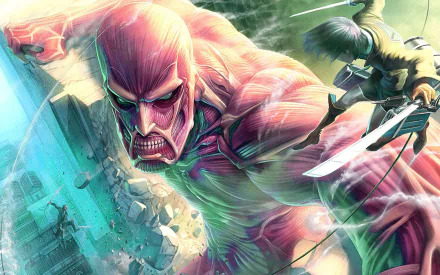 Eren Yeager transformed into the Colossal Titan towers over a shattered cityscape in this dynamic Attack on Titan HD wallpaper, capturing the intensity of the anime's epic battles.