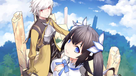 HD wallpaper featuring Hestia and Bell Cranel from the anime Is It Wrong to Try to Pick Up Girls in a Dungeon? set against a vibrant sky and ruins.