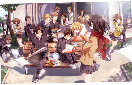 HD desktop wallpaper and background featuring characters from the anime Attack On Titan: Junior High. The scene depicts students in school uniforms, engaging in various activities around a bench.