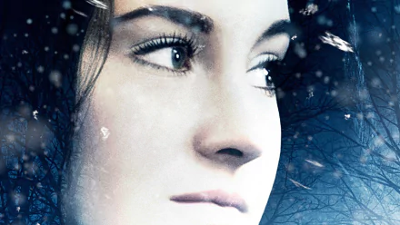 Close-up of a woman's face from the movie White Bird in a Blizzard, dusted with snowflake overlay and cool blue tones — HD PC desktop wallpaper.